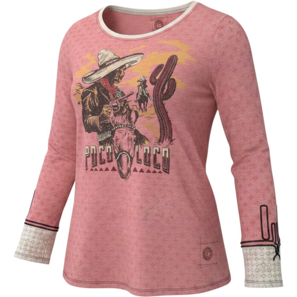 Double D Ranch Poco Loco Top Womens XL Pink Western Graphic Beaded Long Sleeve